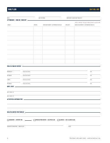 Home daycare daily log page