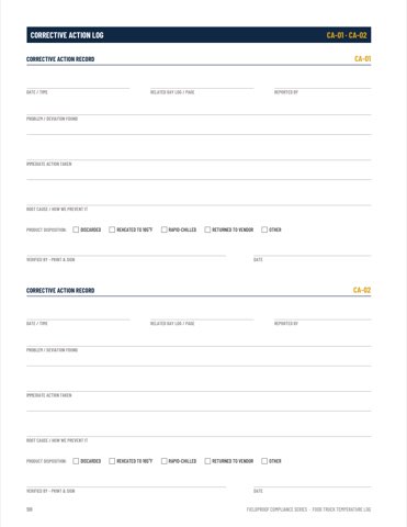 Corrective action log with deviation, immediate action, root cause, and product disposition fields