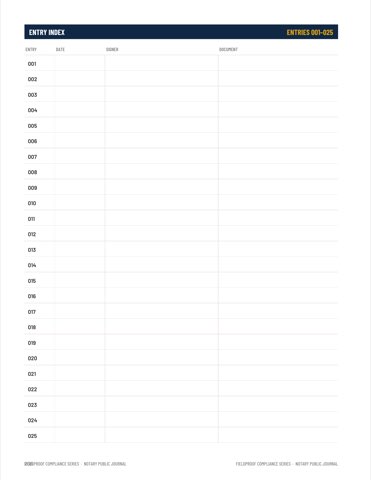 Entry index for journal entries 001 through 025