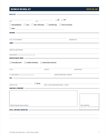 Record of Notarial Act page with identification, fee, signature, and thumbprint fields