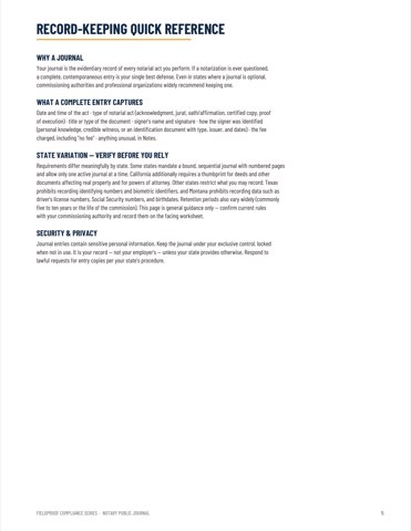 Notary record-keeping quick reference page