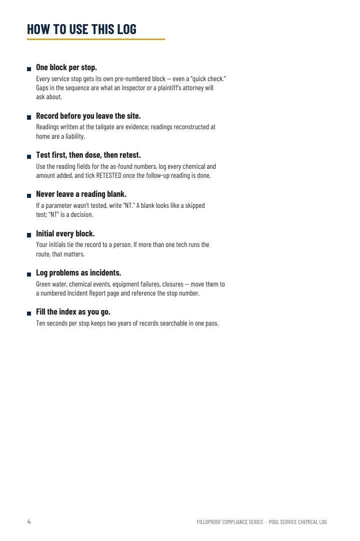 How to use the Pool Service Chemical Log Book page