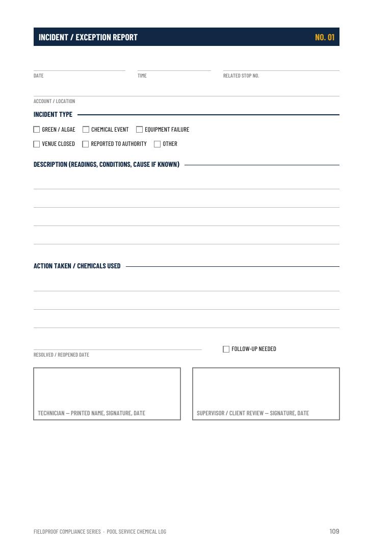 Pool service incident and exception report page